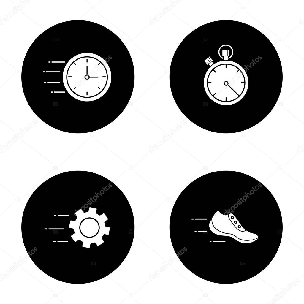 Motion glyph icons set. Speed. Flying clock, stopwatch, gear, sneaker. Vector white silhouettes illustrations in black circles