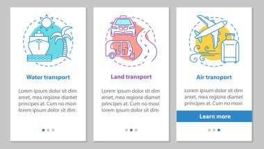 Doğrusal kavramları ile taşımalar onboarding mobil uygulaması sayfa ekran modları. Kara, hava ve su, grafik talimatlar adımları ulaşım. UX, UI, GUI vektör şablon resimler