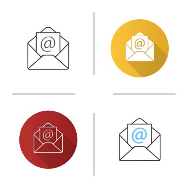E-posta adresi simgesi. Zarf arroba işareti ile. Tasarım, doğrusal düz ve stilleri renk. İzole vektör çizimler