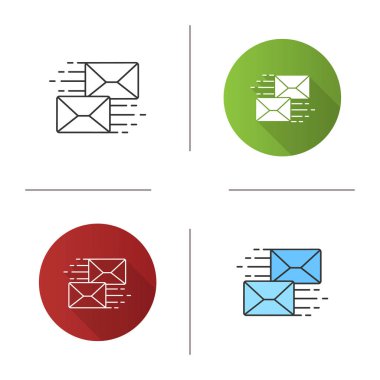 E-posta simgesi. Yazışma. Zarflar uçan. Haberci. E-posta. Tasarım, doğrusal düz ve stilleri renk. İzole vektör çizimler