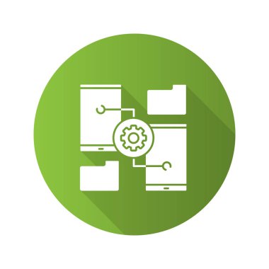 Akıllı telefon ayarları düz tasarım uzun gölge glif simgesi. Dosya Yöneticisi. Dişli ile telefonları. Vektör siluet çizimi