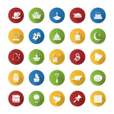 Tatil düz uzun gölge glif Icons set dizayn. Farklı ülkelerin mevsimlik tatil. Tebrik kartı fikirler. Vektör siluet çizimi