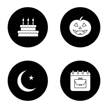 Tatil glif Icons set. Doğum günü, İşçi Bayramı, ramazan, Cadılar Bayramı. Vektör beyaz siyah daireler resimlerde siluetleri