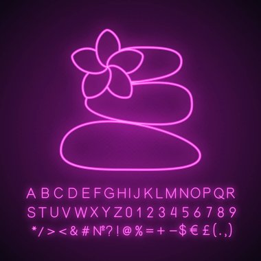 Taşlar için masaj neon ışığı simgesi. Spa salonu. Alfabe, sayı ve sembol parlayan işaretiyle. İzole vektör çizim