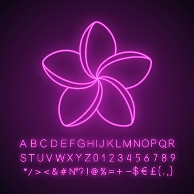 Spa salonu plumeria çiçek neon ışığı simgesi. Aromaterapi. Alfabe, sayı ve sembol parlayan işaretiyle. İzole vektör çizim