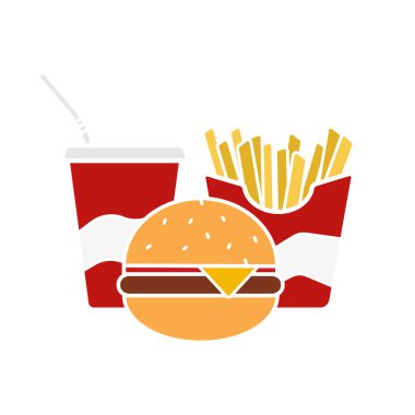 Fast food glif renk simgesi. Abur cubur. Cola kağıt bardak, çizburger ve kızarmış patates. Siluet simge yok anahat beyaz zemin üzerine. Negatif alan. Vektör çizim
