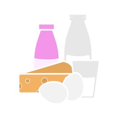 Süt ve süt ürünleri glif renk simgesi. Cam ve şişe süt, yumurta, peynir ve yoğurt. Siluet simge yok anahat beyaz zemin üzerine. Negatif alan. Vektör çizim