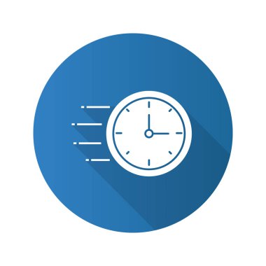 Uçan saat düz tasarım uzun gölge glif simgesi. Zaman yönetimi. Zaman uçup. Vektör siluet çizimi