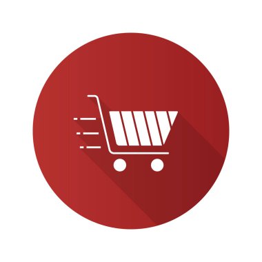 Uçan alışveriş sepeti düz tasarım uzun gölge glif simgesi. Hızlı satın alma. Hızlı online alışveriş. Vektör siluet çizimi