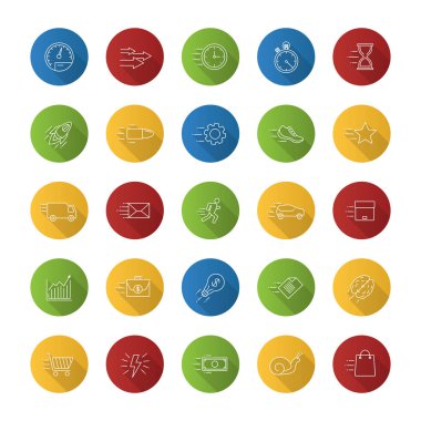 Hareket düz doğrusal uzun gölge simgeler kümesi. Hız. Öğeleri uçan. Hızlı hizmetleri. Vektör anahat çizim