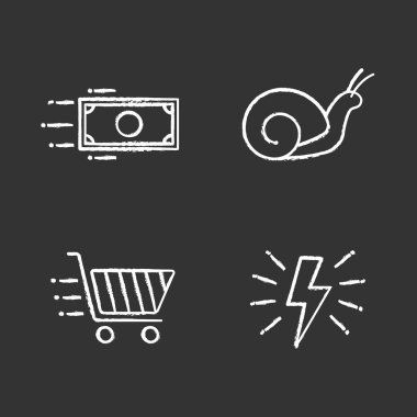 Hareket tebeşir Icons set. Hız. Şimşek, salyangoz, kağıt doları uçan ve alışveriş sepeti. İzole vektör kara tahta çizimler