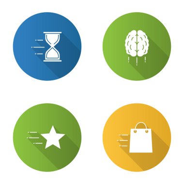 Hareket düz tasarım uzun gölge glif simgeler kümesi. Hız. Uçan kum saati, alışveriş çantası, yıldız, beyin. Vektör siluet çizimi