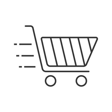 Uçan alışveriş sepeti doğrusal simgesi. Hızlı satın alma. İnce hat illüstrasyon. Hızlı online alışveriş. Kontur sembolü. Çizim vektör izole anahat