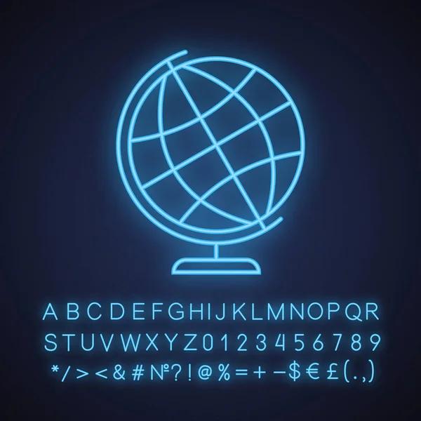 Schule Globus Neonlicht Ikone Erdkugelmodell Leuchtendes Zeichen Mit Alphabet Zahlen — Stockvektor