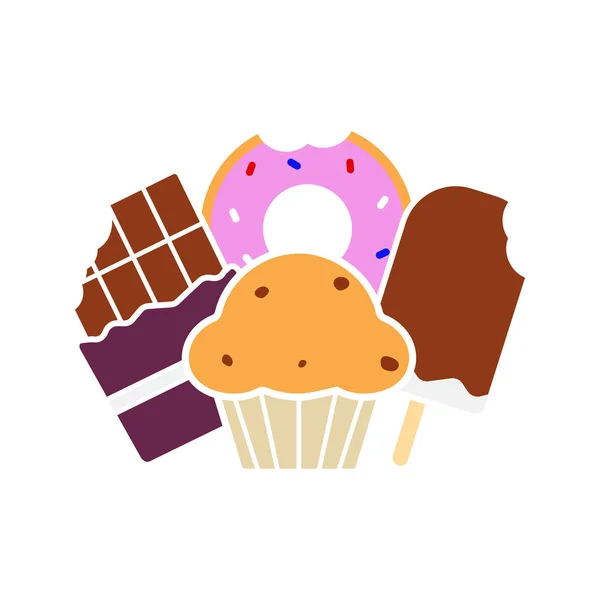 Snoep Glyph Kleur Pictogram Suikerwerk Chocolade Bar Donut Muffin Met — Stockvector