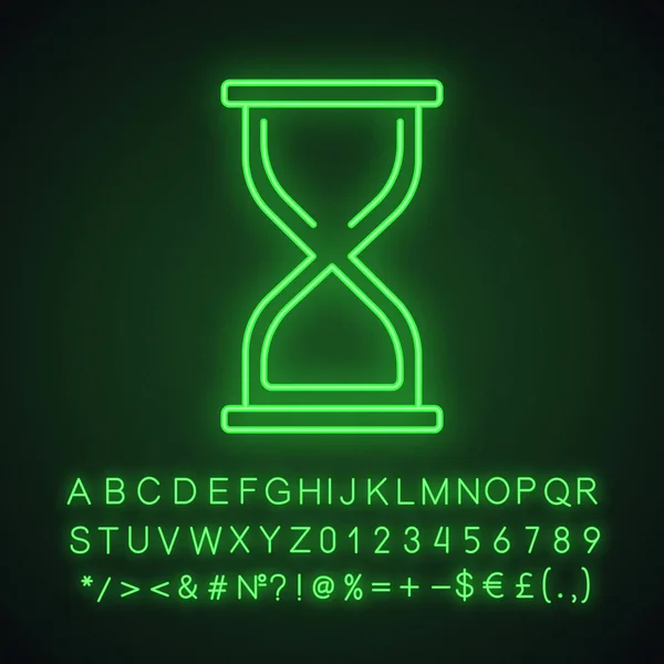 砂時計ネオンライト アイコン 砂時計 飛行時間 アルファベット 記号で光るサインは 分離したベクトル図 — ストックベクタ