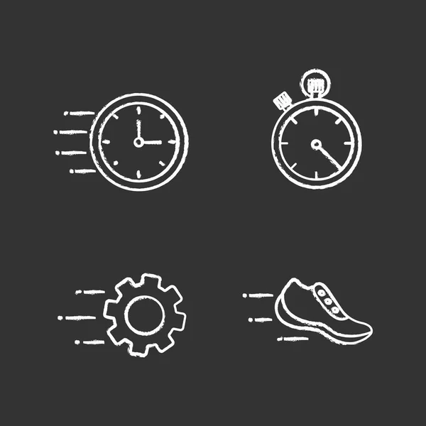 Hareket Tebeşir Icons Set Hız Uçan Saat Kronometre Dişli Spor — Stok Vektör