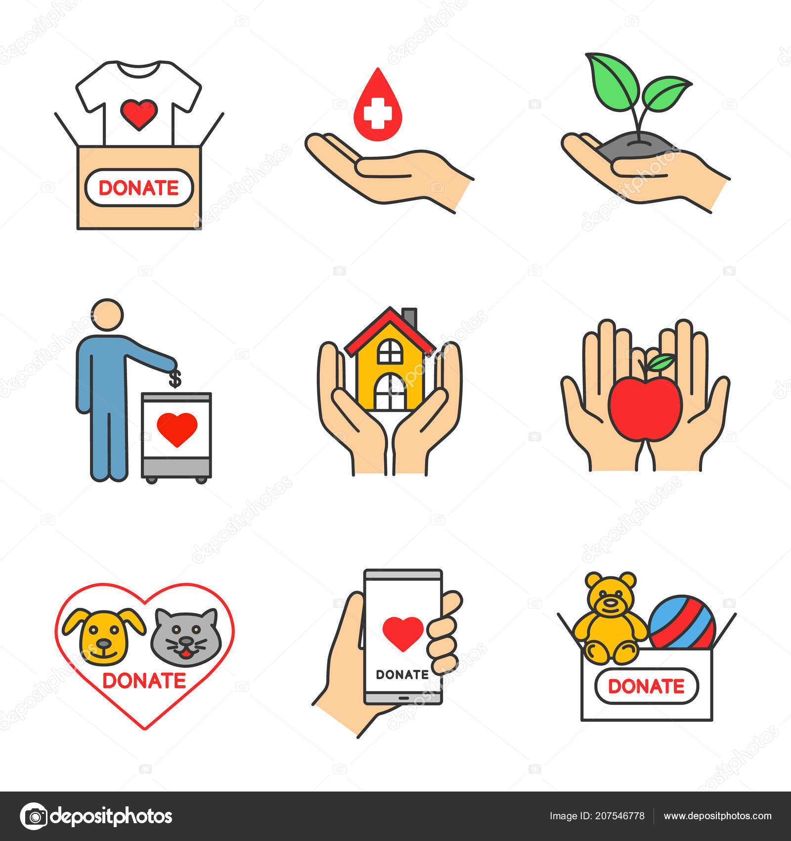Conjunto Iconos Color Caridad Sangre Juguetes Ropa Donación Alimentos  Ecologización Vector de stock #207546778 de ©bsd_studio, image size:1600x1700
