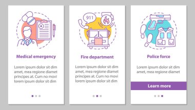 Kamu hizmetleri onboarding mobil uygulaması sayfa ekran kavramları ile. Polis, itfaiye departmanı, tıbbi acil adımlar grafik yönergeleri. UX, UI, GUI vektör şablon resimler