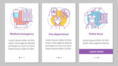 Kamu hizmetleri onboarding mobil uygulaması sayfa ekran kavramları ile. Polis, itfaiye departmanı, tıbbi acil adımlar grafik yönergeleri. UX, UI, GUI vektör şablon resimler