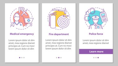 Kamu hizmetleri onboarding mobil uygulaması sayfa ekran kavramları ile. Polis, itfaiye departmanı, tıbbi acil adımlar grafik yönergeleri. UX, UI, GUI vektör şablon resimler
