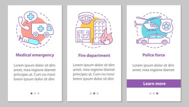 Kamu hizmetleri onboarding mobil uygulaması sayfa ekran kavramları ile. Polis, itfaiye departmanı, tıbbi acil adımlar grafik yönergeleri. UX, UI, GUI vektör şablon resimler