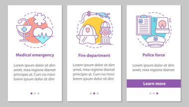 Kamu hizmetleri onboarding mobil uygulaması sayfa ekran kavramları ile. Polis, itfaiye departmanı, tıbbi acil adımlar grafik yönergeleri. UX, UI, GUI vektör şablon resimler