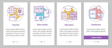 Doğrusal kavramları ile kamu sektörü onboarding mobil uygulaması sayfa ekran. Kitle iletişim araçları, eğitim, turizm, sağlık adımları grafik yönergeleri. UX, UI, GUI vektör şablon resimler