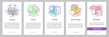 Biyoloji dalları onboarding mobil uygulaması sayfa ekran doğrusal kavramları ile. Zooloji, botanik, Viroloji, Mikrobiyoloji, Mikoloji adımları grafik yönergeleri. UX, UI, GUI vektör şablon resimler