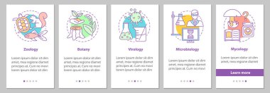 Biology branches onboarding mobile app page screen with linear concepts. Zoology, botany, virology, microbiology, mycology steps graphic instructions. UX, UI, GUI vector template with illustrations clipart
