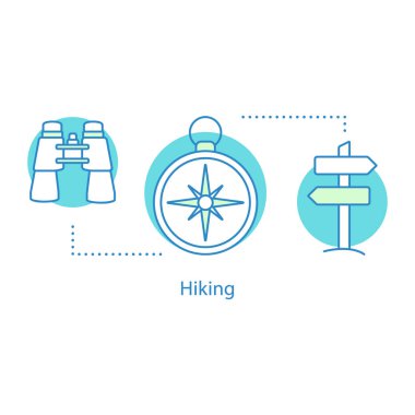 Hiking kavramı simge. Orienteering fikir ince hat illüstrasyon. Açık rekreasyon. Dürbün, pusula, yön tabela. Çizim vektör izole anahat