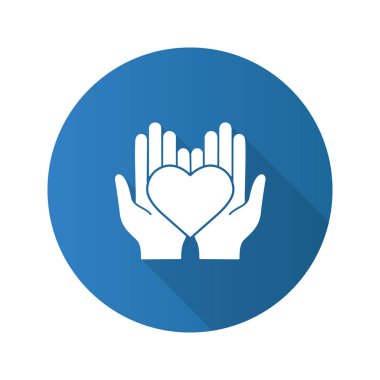 Hayır düz tasarım uzun gölge glif simgesi. Hayat sigortası. Tıp ve sağlık. Kalp holding eller. Vektör siluet çizimi