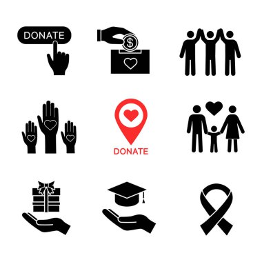 Sadaka glif simgeler kümesi. Siluet simgeler. Düğmeye bağış sadaka kuruluş yeri aile hediye, birlik içinde çeşitlilik, anti HIV şerit ücretsiz eğitim bağış yapın. İzole vektör çizim
