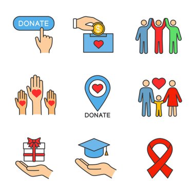 Sadaka renk simgeler kümesi. Düğme, bağış, sadaka kuruluş yeri, Aile, hediye, ücretsiz eğitim, birlik içinde çeşitlilik, anti HIV şerit bağış yapın. İzole vektör çizimler
