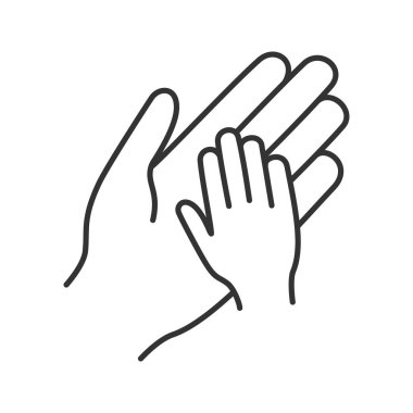 Hayır çocuk doğrusal simgesi için. Üst ve alt el ele tutusun. Çocuk esirgeme. İnce hat illüstrasyon. Ebeveynlik. Aile. Çizim vektör izole anahat