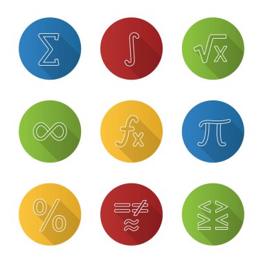 Matematik düz doğrusal uzun gölge simgeler kümesi. Matematik sembolleri. Cebir. Vektör anahat çizim