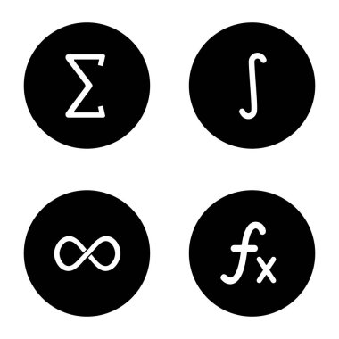 Matematik glif simgeler kümesi. Sigma, ayrılmaz, sonsuzluk işareti, işlev. Vektör beyaz siyah daireler resimlerde siluetleri