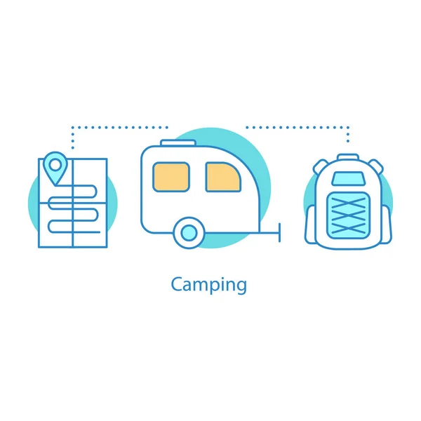 Camping concept icon. Outdoor recreation idea thin line illustration. Camping trailer, backpack, map. Vector isolated outline drawing