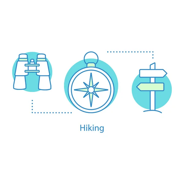 Hiking concept icon. Orienteering idea thin line illustration. Outdoor recreation. Binoculars, compass, direction sign board. Vector isolated outline drawing