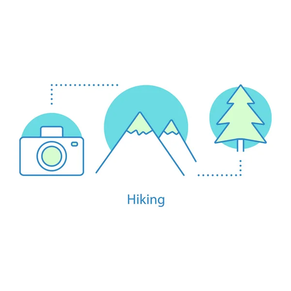 Hiking concept icon. Outdoor recreation idea thin line illustration. Mountain resort. Vector isolated outline drawing