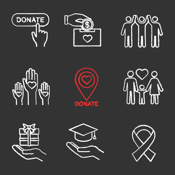 慈善粉笔图标设置 捐赠按钮 慈善机构的位置 免费教育 团结在多样性 抗艾滋病毒丝带 孤立的矢量黑板插图 — 图库矢量图片