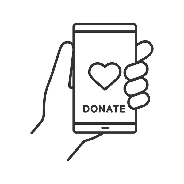 智能手机捐赠应用程序线性图标 数字慈善机构 网上筹款 细线插图 使用手机进行捐赠 轮廓符号 矢量隔离轮廓图 — 图库矢量图片