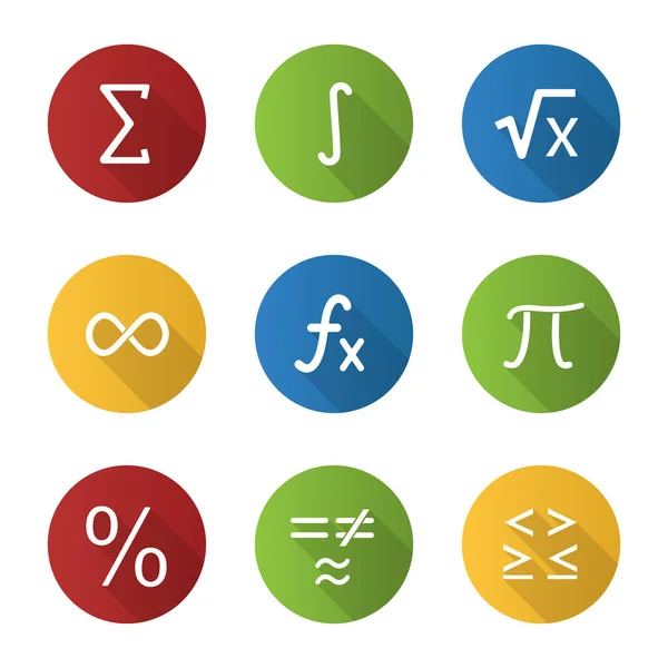 Matemáticas Diseño Plano Largo Conjunto Iconos Glifo Sombra Símbolos Matemáticos — Vector de stock