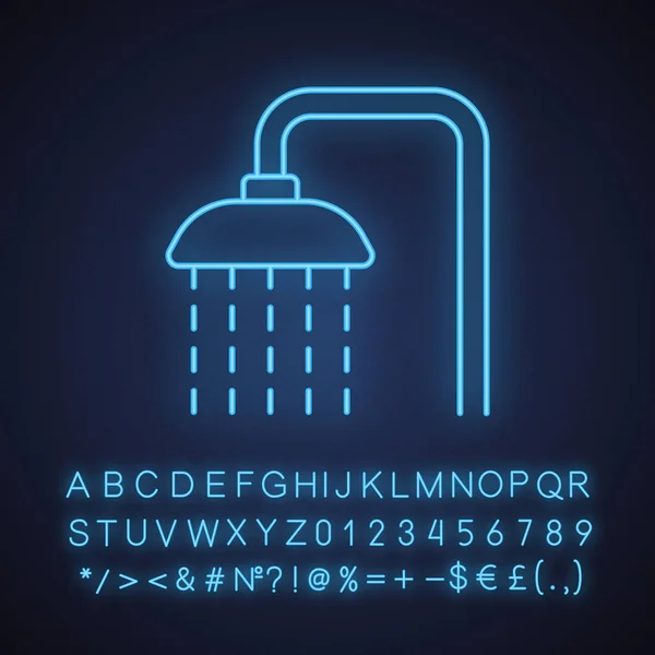 シャワー ネオンライト アイコン 水の流れる シャワー水栓 アルファベット 記号で光るサインは 分離したベクトル図 — ストックベクタ