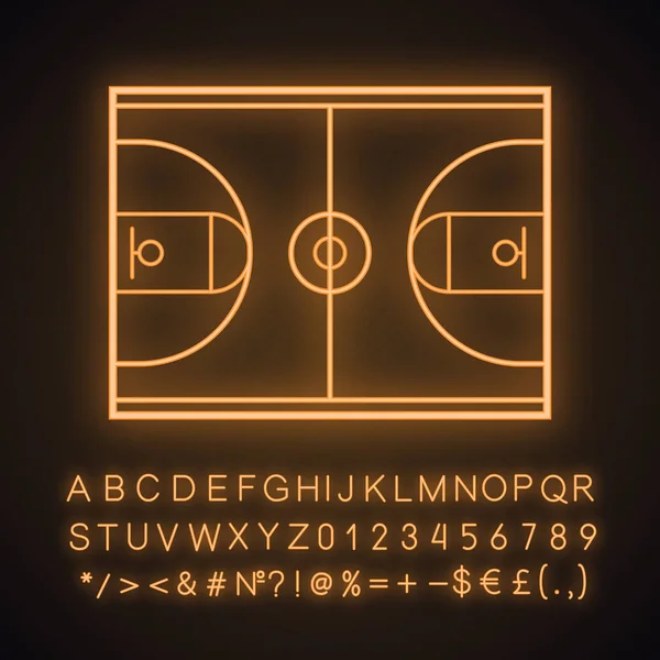 Basketbal Soudu Neonové Světlo Ikona Zářící Nápis Abecedy Číslice Symboly — Stockový vektor