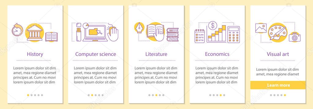 School subjects onboarding mobile app page screen with concepts. History, computer science, literature, economics, visual art steps graphic instructions. UX, UI, GUI vector template with illustrations