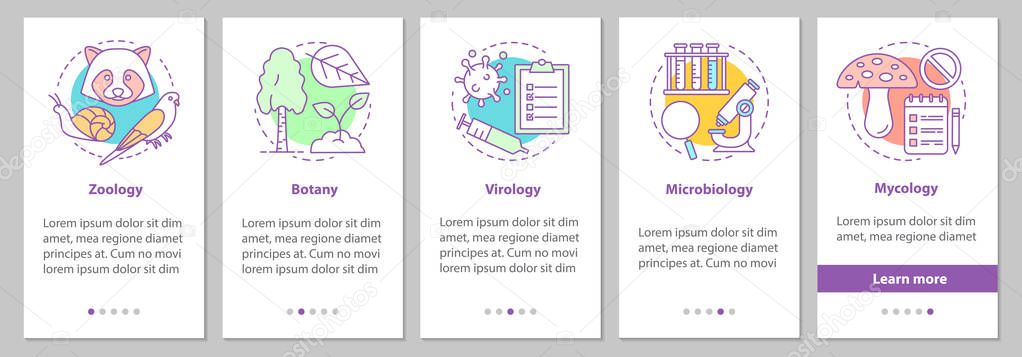 Biology branches onboarding mobile app page screen with linear concepts. Zoology, botany, virology, microbiology, mycology steps graphic instructions. UX, UI, GUI vector template with illustrations