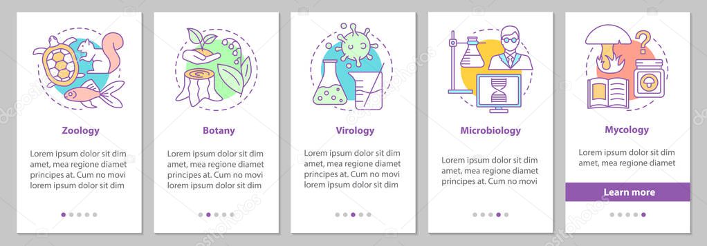 Biology branches onboarding mobile app page screen with linear concepts. Zoology, botany, virology, microbiology, mycology steps graphic instructions. UX, UI, GUI vector template with illustrations
