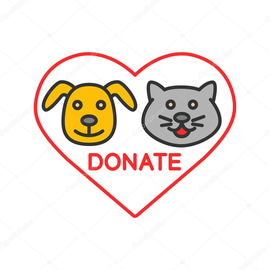 Donation for pets color icon. Animals welfare. Heart with cat and dog snouts inside. Isolated vector illustration