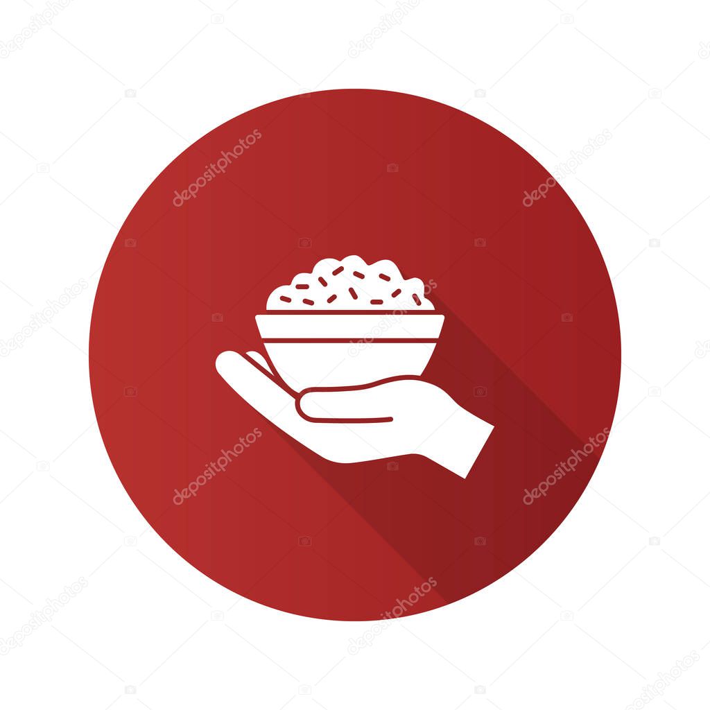 Food donation flat design long shadow glyph icon. Open hand with rice bowl. Chinese fried rice for free. Vector silhouette illustration